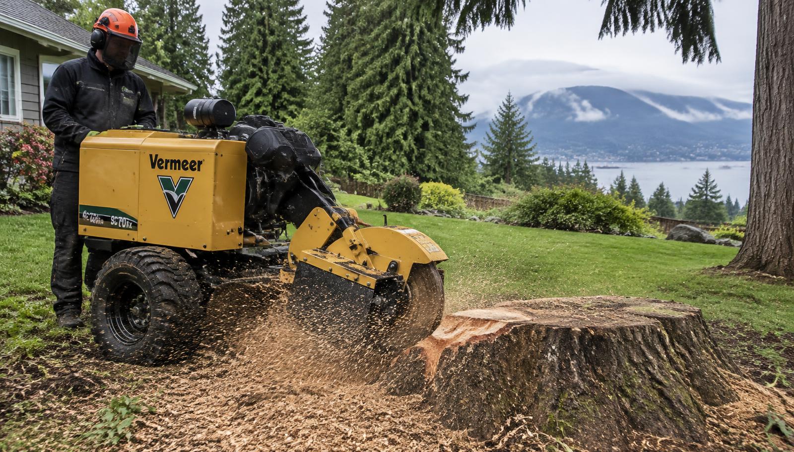 Stump grinder grinding a large tree stump in a Greater Vancouver backyard